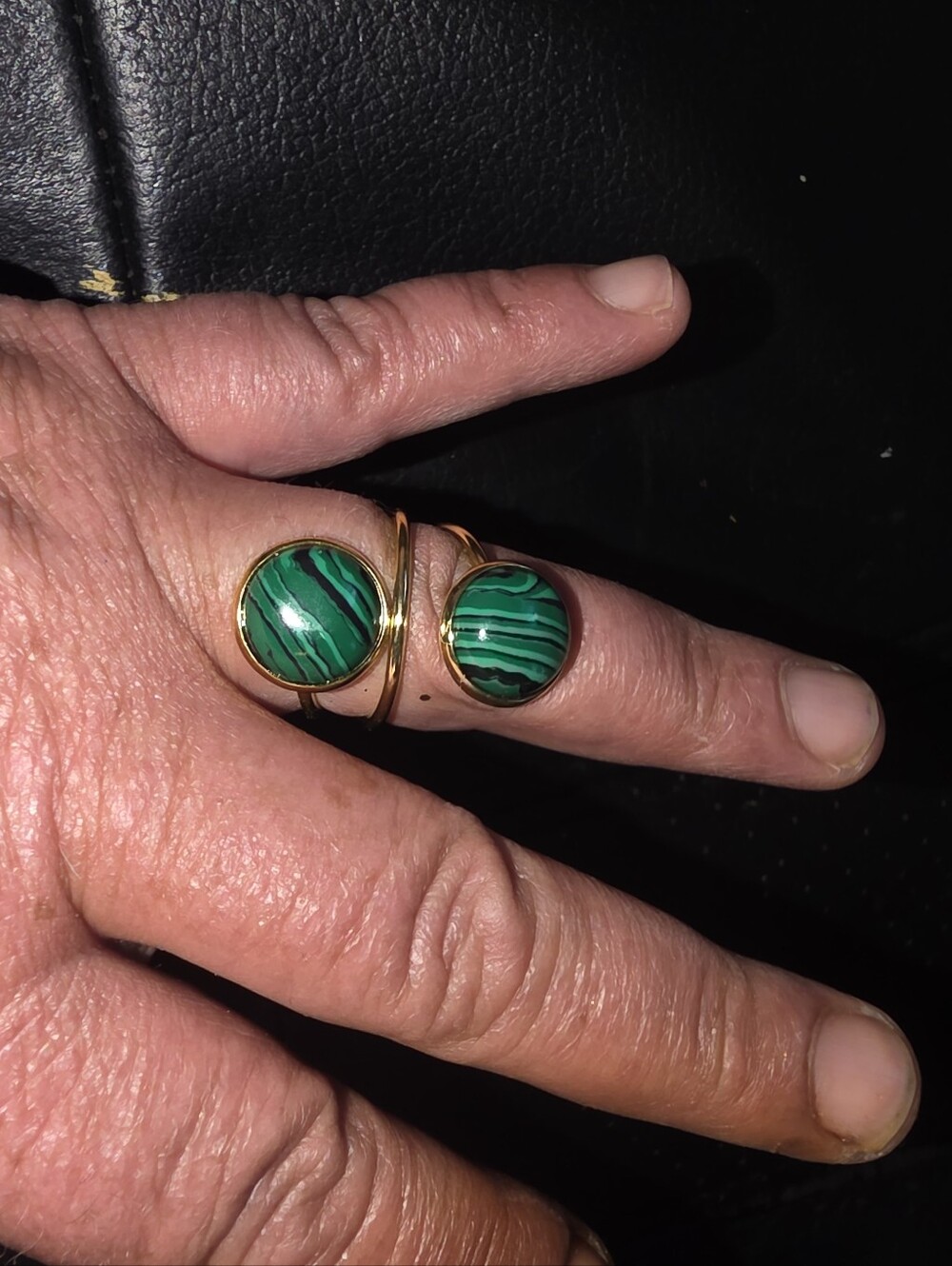 Malachite Cabochon Double Gold Tone Ring Adjustable Size